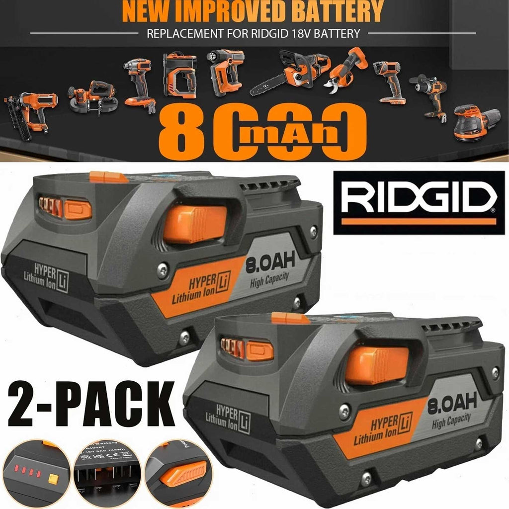 2-Pack RIDGID R840087 18V 8.0Ah Lithium-Ion Battery Replacement