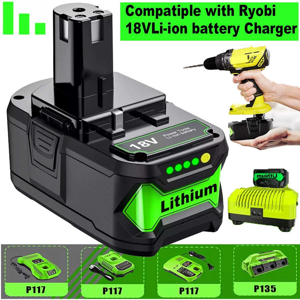 2-Pack RYOBI P108 18V 8.0Ah Battery Replacement, 8000mAh ONE+ Lithium-Ion