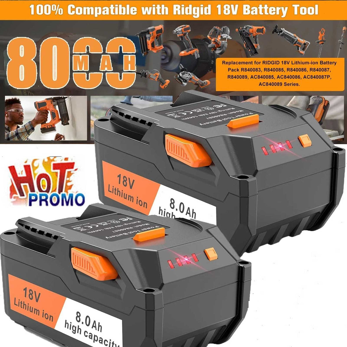 2-PACK For Ridgid 18V R840085 8.0Ah Lithium-ion Battery Rigid 18 Volt R840087