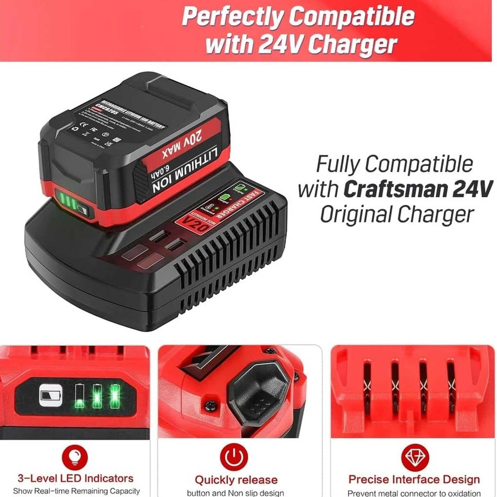 2-Pack CRAFTSMAN CMCB204 20V V20 6.0Ah Lithium-Ion Battery Replacement